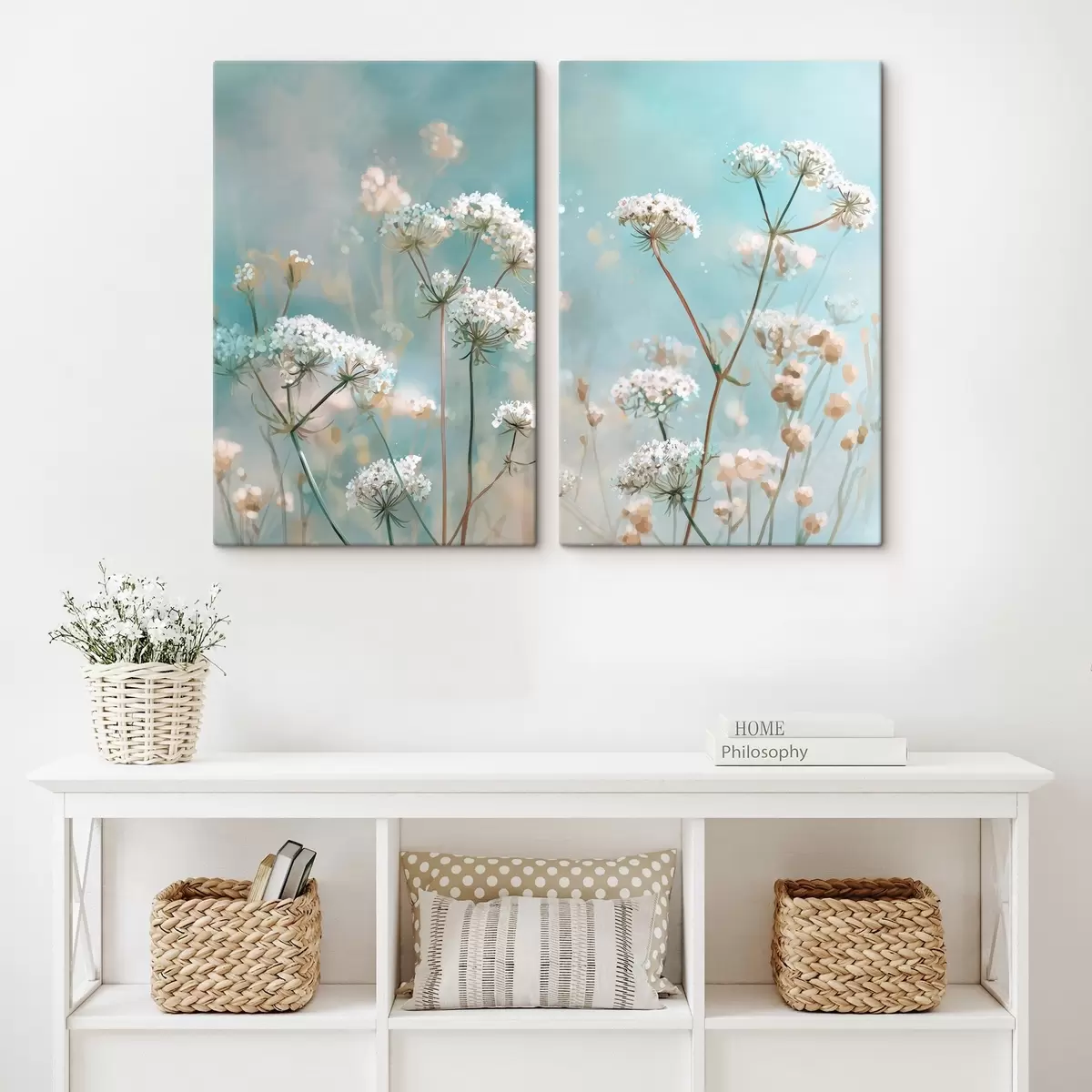 murales de pared Flores de Queen Anne's Lace en estilo acuarela sobre fondo azul m00705