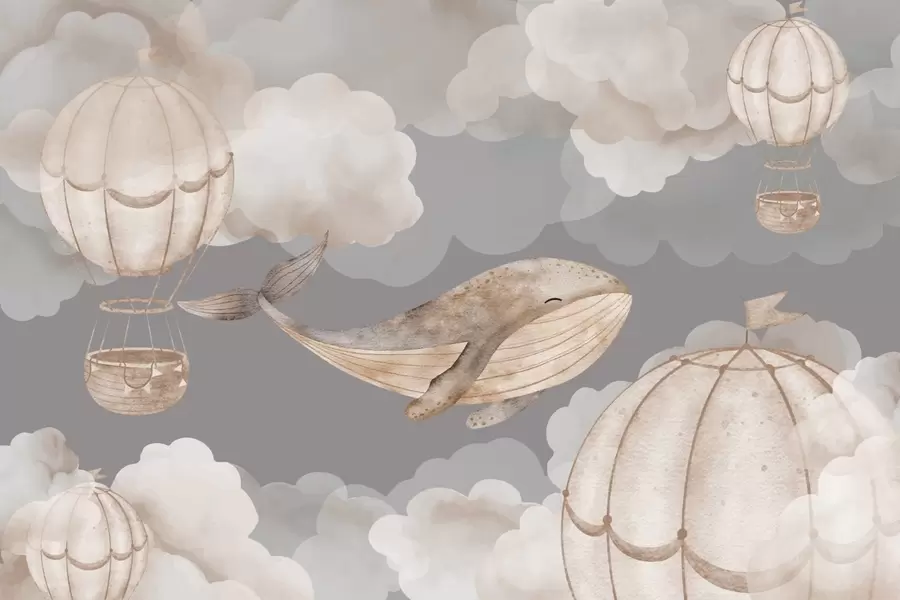 murales de pared Ballenas y globos aerostáticos entre suaves nubes w04522
