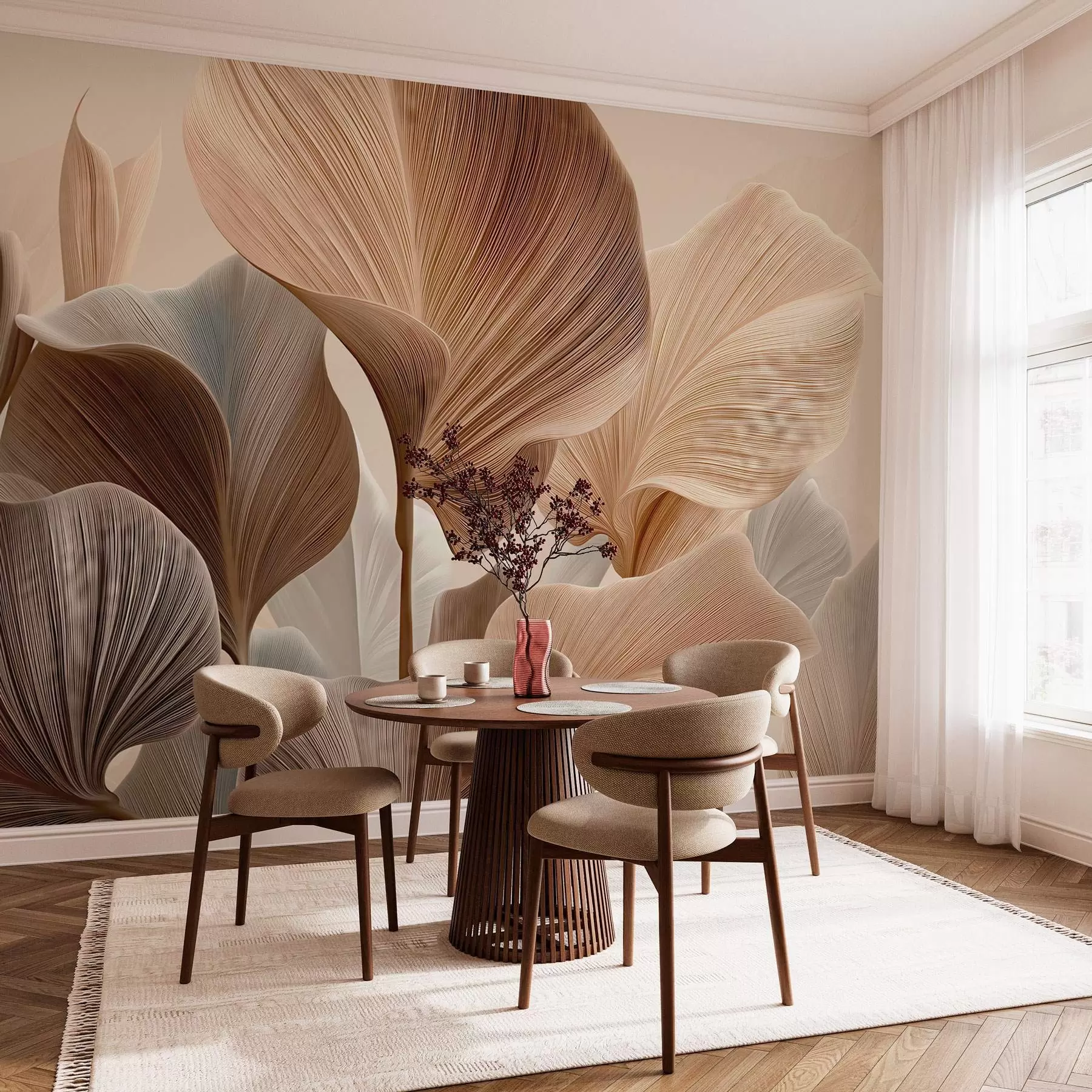 murales de pared Hojas elegantes de color beige con una textura lineal fina w04549