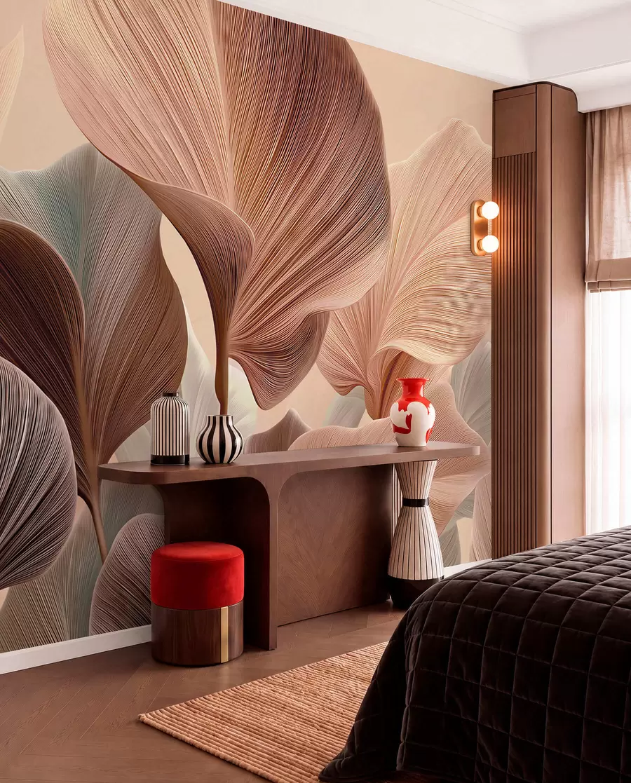 murales de pared Hojas elegantes en cálidos tonos beige w04549v1