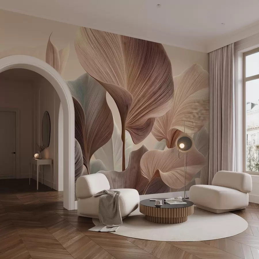 murales de pared Hojas elegantes en cálidos tonos beige w04549v1