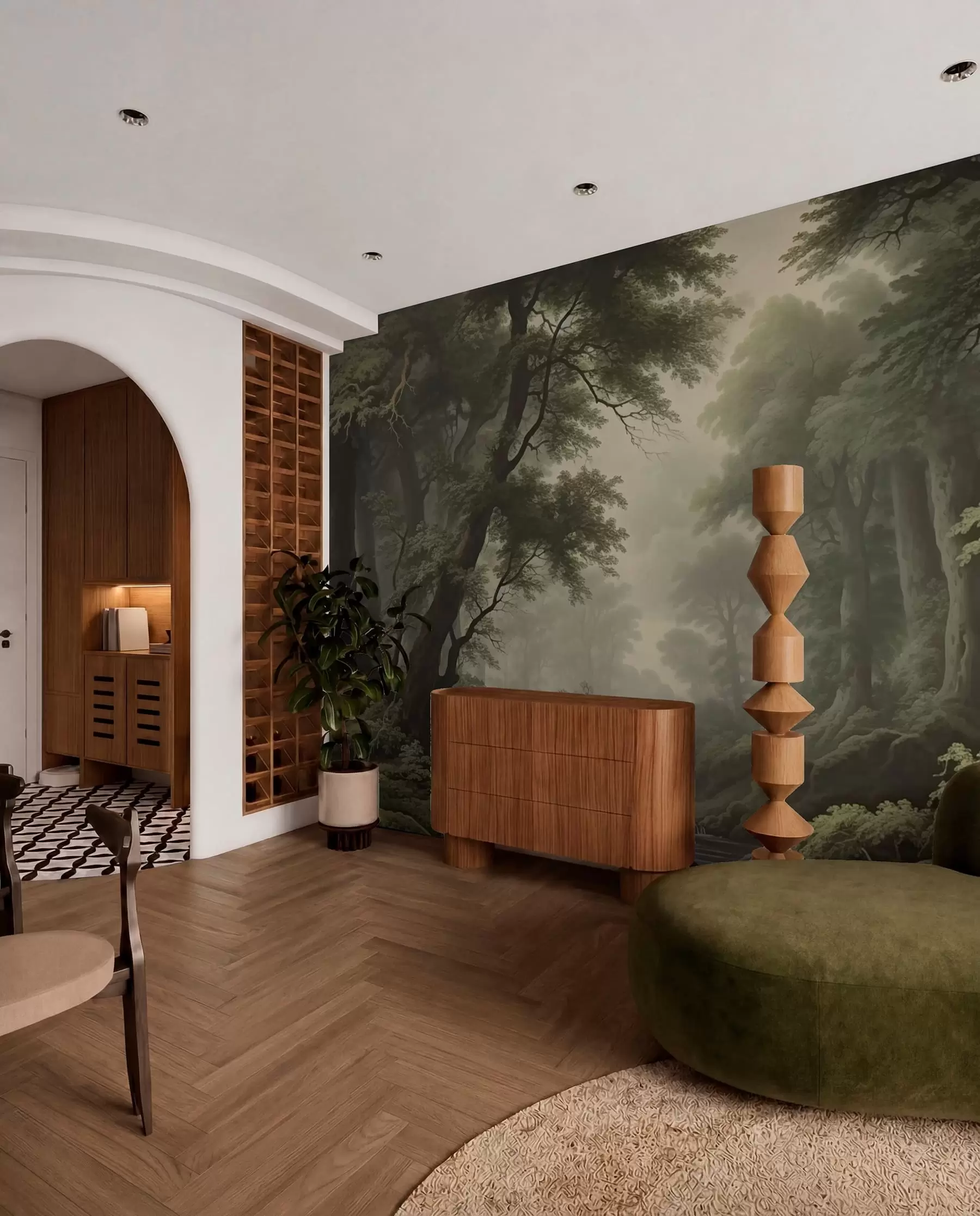 murales de pared Bosque brumoso con río y árboles antiguos de gran altura w04555