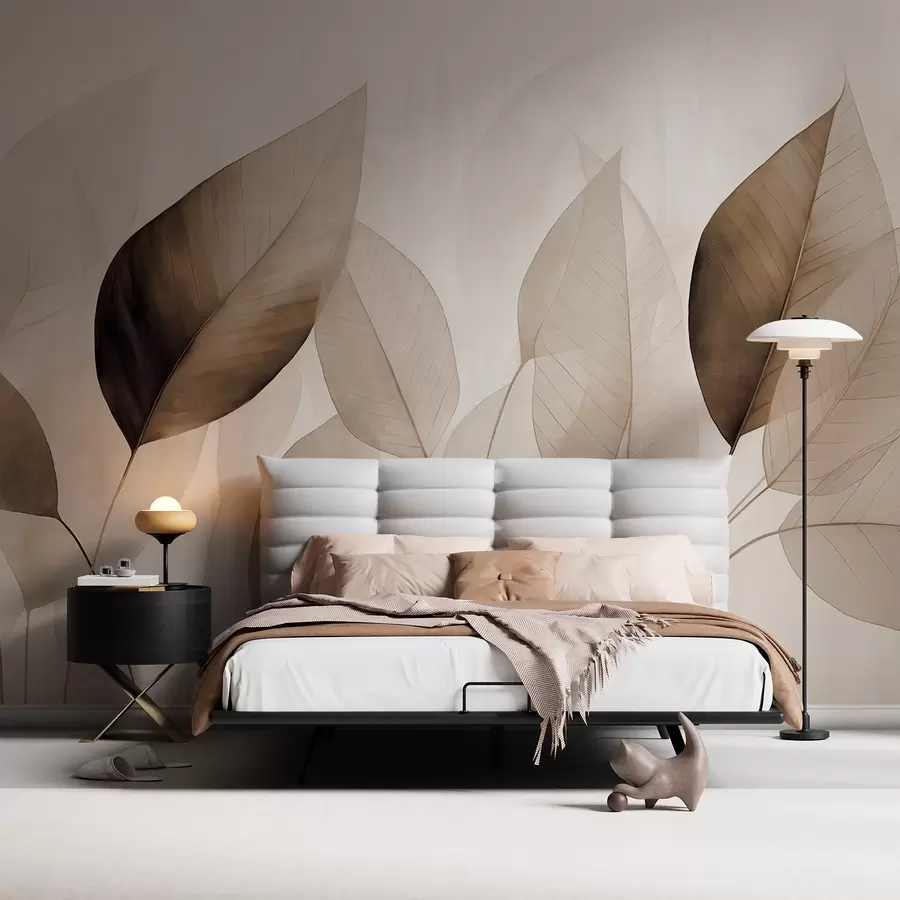 murales de pared Pintura texturizada imitación de hojas en tonos marrones y beige con delicadas venas y tallos w09400v1