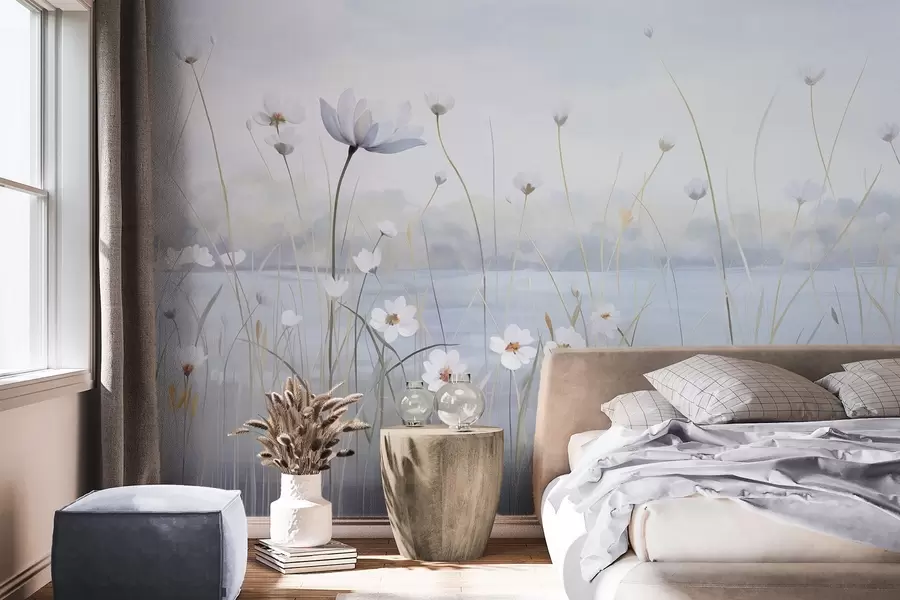 murales de pared Flores blancas con tallos largos en un campo, cielo azul claro, colores suaves, textura, estilo minimalista, inspirado en la naturaleza, fondo tranquilo w09401