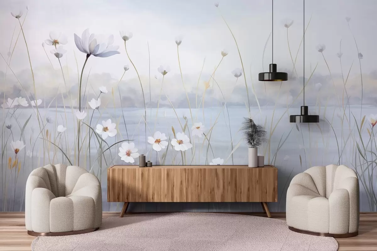 murales de pared Flores blancas con tallos largos en un campo, cielo azul claro, colores suaves, textura, estilo minimalista, inspirado en la naturaleza, fondo tranquilo w09401