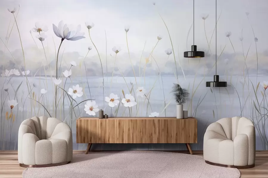 murales de pared Flores blancas con tallos largos en un campo, cielo azul claro, colores suaves, textura, estilo minimalista, inspirado en la naturaleza, fondo tranquilo w09401