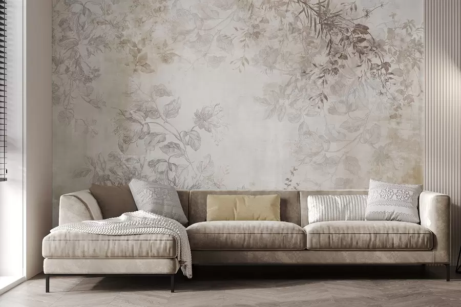 murales de pared Arte floral vintage con textura, ilustraciones de delicadas flores y hojas de jardín en estilo dibujo, suaves tonos pastel beige y sepia w09402