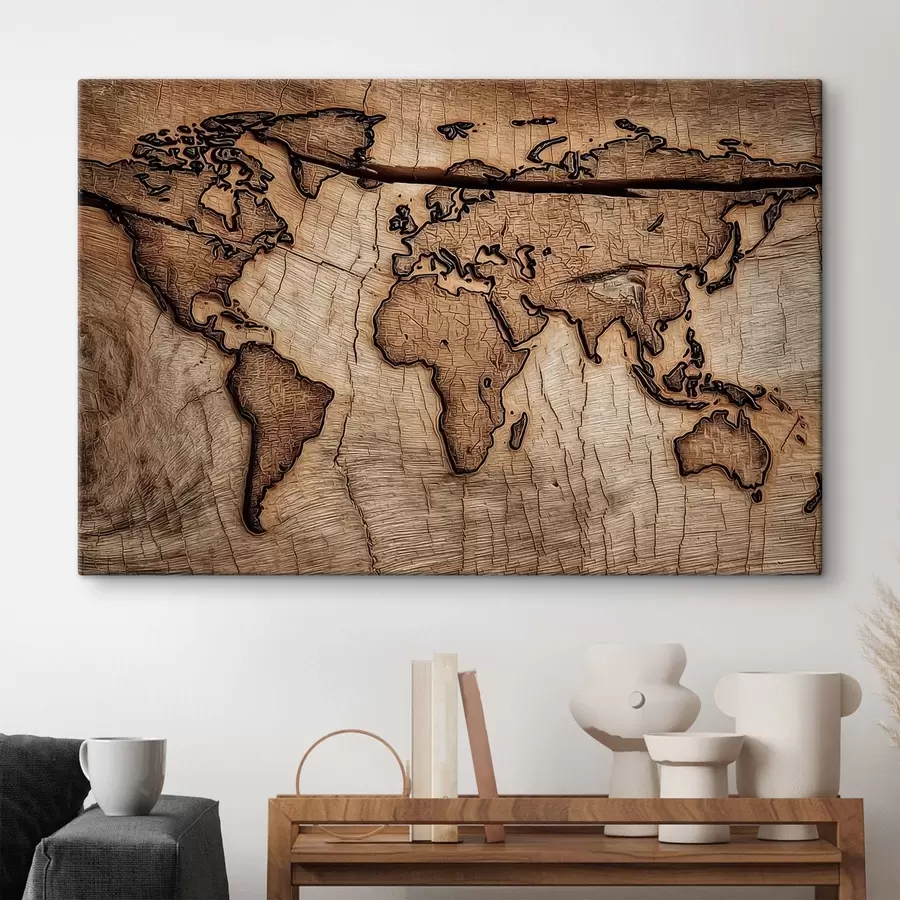 murales de pared Mapa del mundo grabado en madera s45805