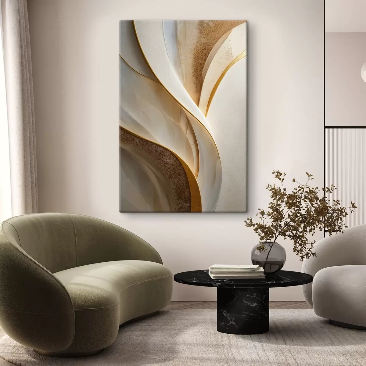 murales de pared Curvas abstractas con detalles en amarillo anaranjado y beige s45807