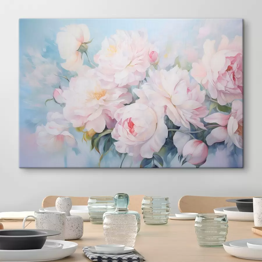 murales de pared Delicadas peonías rosas sobre un fondo azul cielo s45813