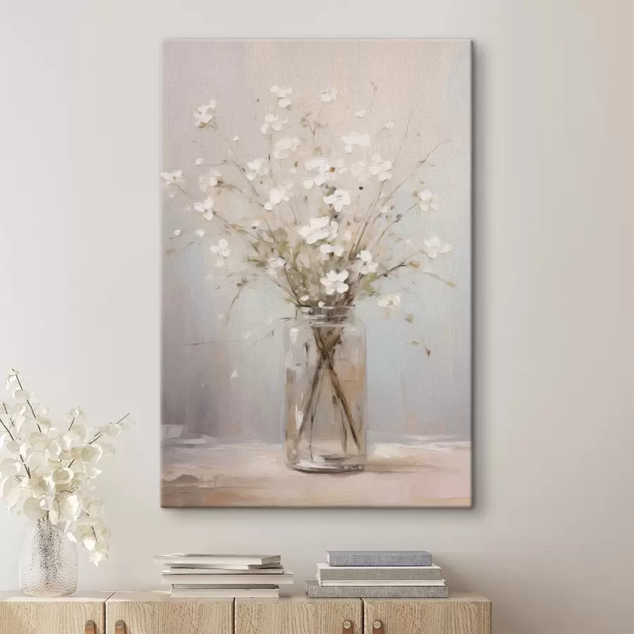 murales de pared Un ramo de flores blancas en un jarrón de cristal transparente s45814