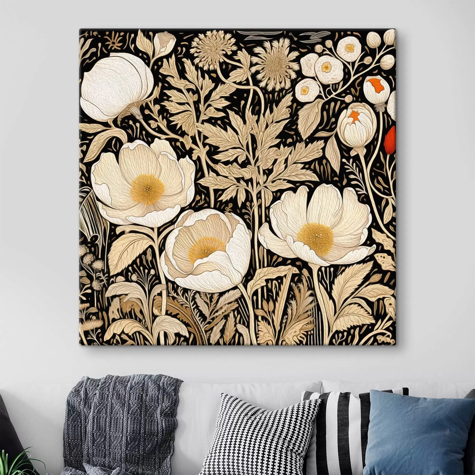 murales de pared Flores y hierbas color crema sobre fondo negro s45816