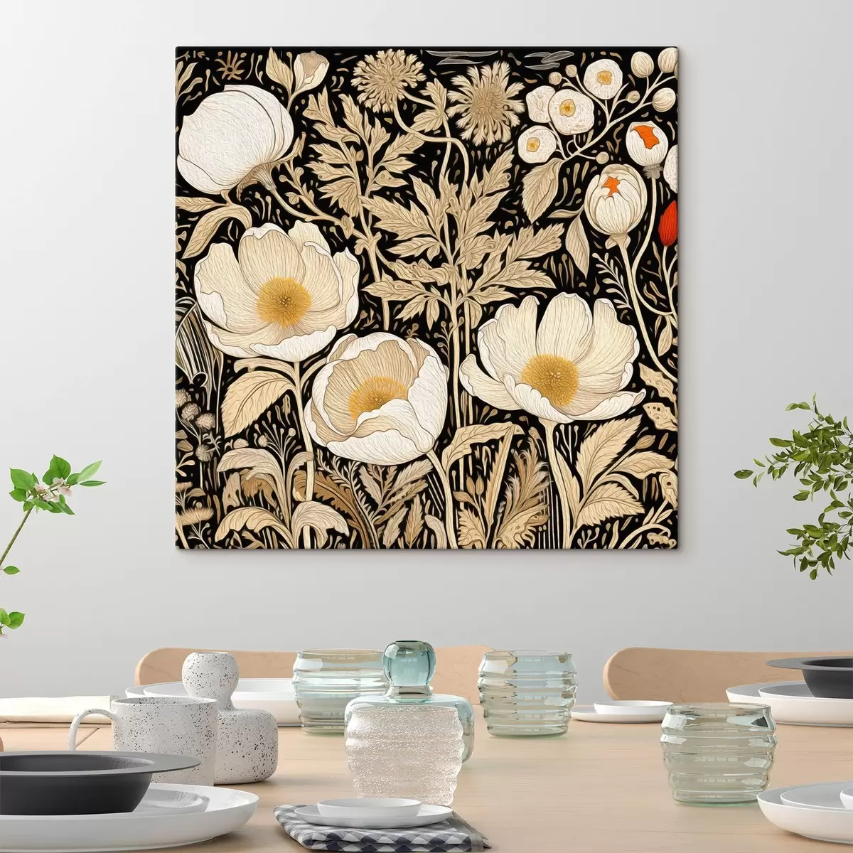 murales de pared Flores y hierbas color crema sobre fondo negro s45816