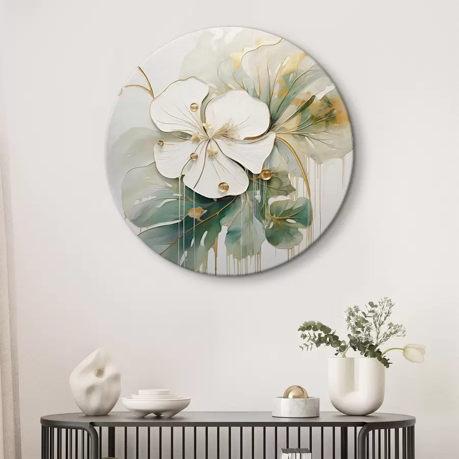 murales de pared Una flor blanca con detalles amarillo anaranjado y hojas verdes r45815