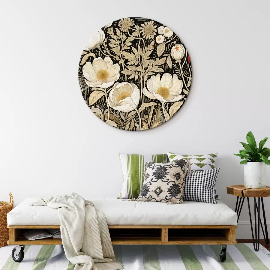 murales de pared Flores y hierbas color crema sobre fondo negro r45816