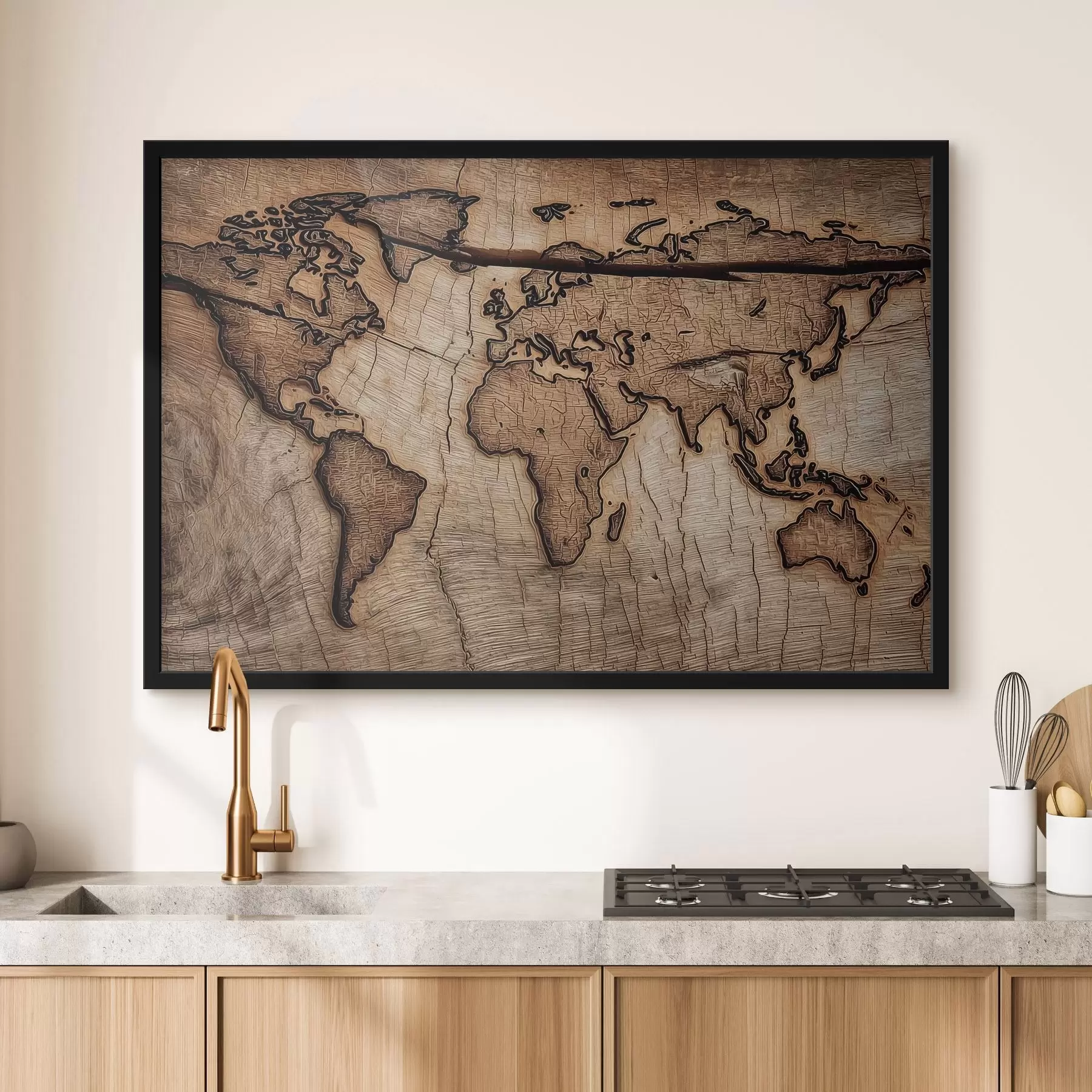 murales de pared Mapa del mundo grabado en madera f45805