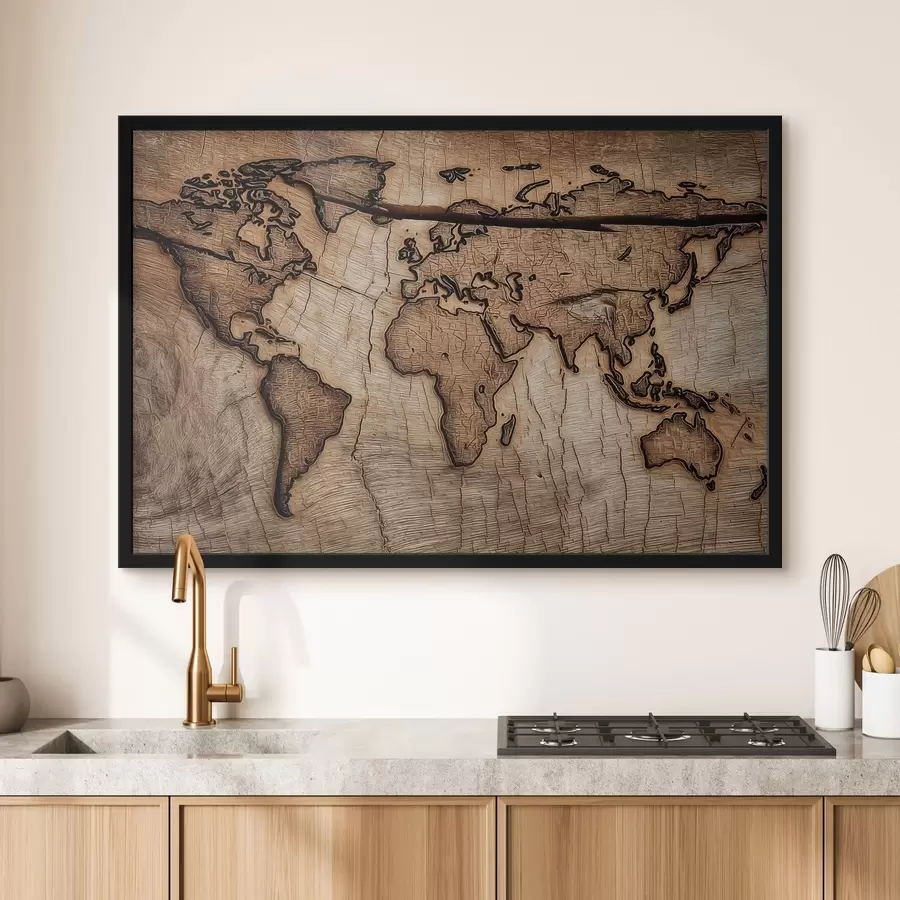 murales de pared Mapa del mundo grabado en madera f45805