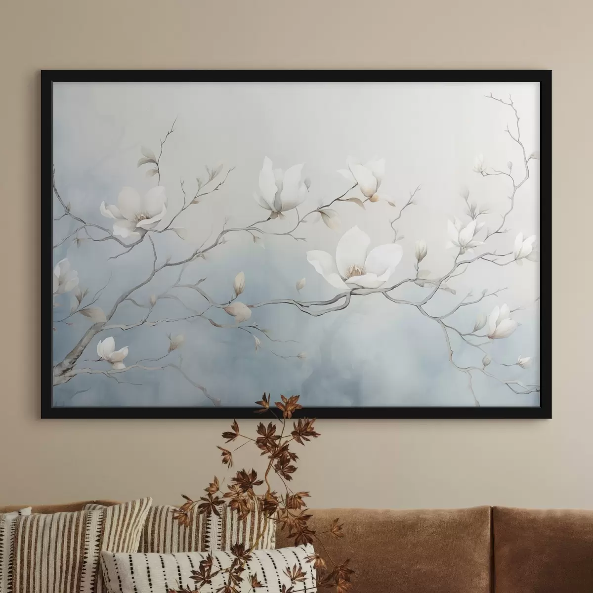 Poster Ramas de magnolia con flores blancas sobre un delicado fondo f45806
