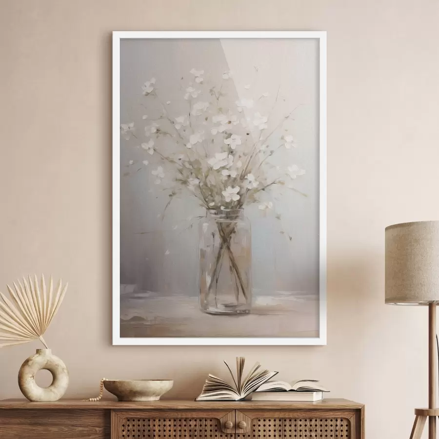 murales de pared Un ramo de flores blancas en un jarrón de cristal transparente f45814