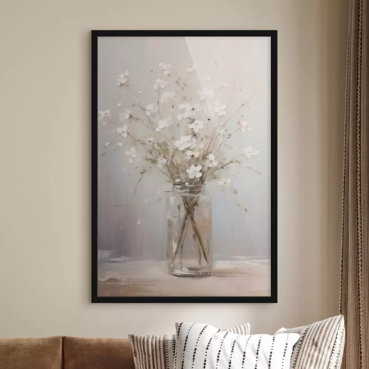 Poster Un ramo de flores blancas en un jarrón de cristal transparente f45814