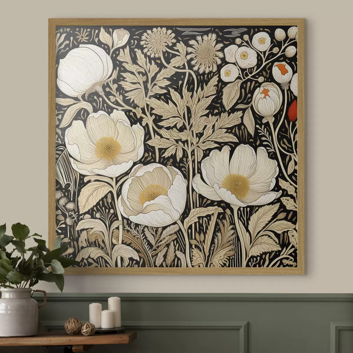 Poster Flores y hierbas color crema sobre fondo negro f45816