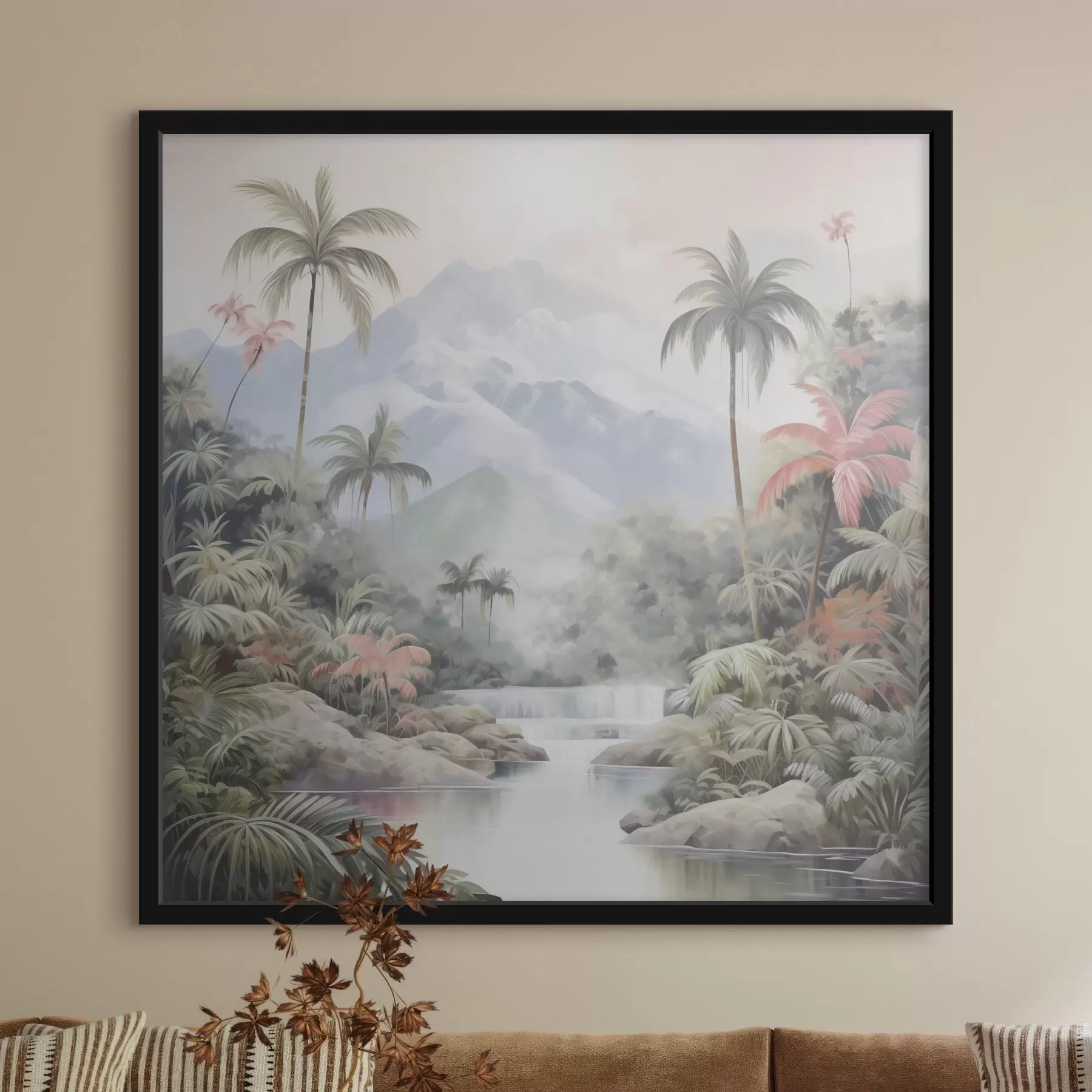 murales de pared Río en bosque tropical frente a las montañas f45913