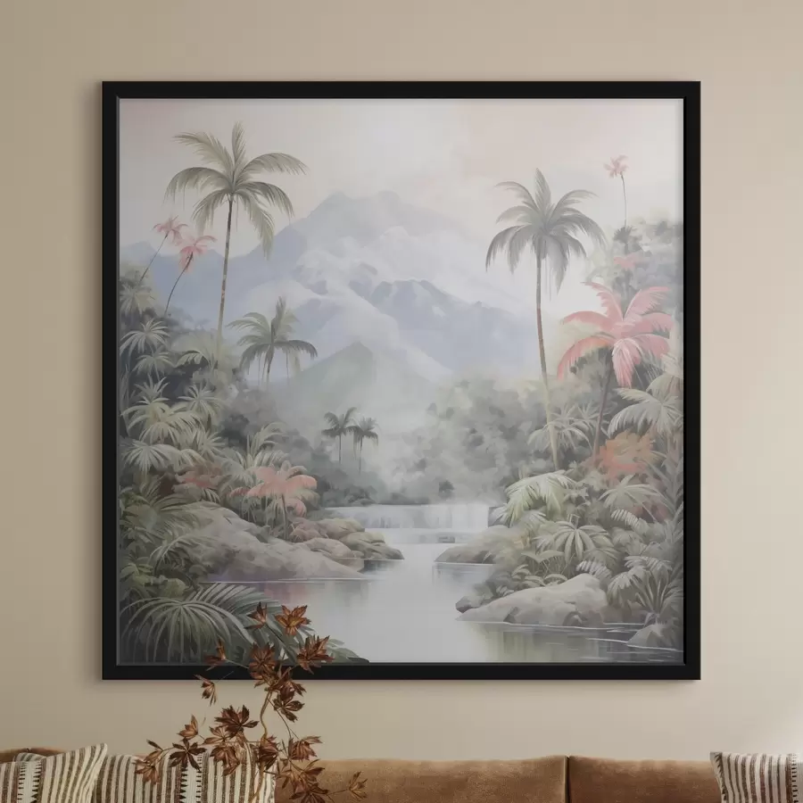 murales de pared Río en bosque tropical frente a las montañas f45913