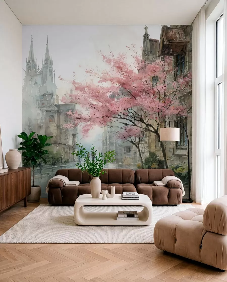 murales de pared paisaje urbano en estilo acuarela w04500
