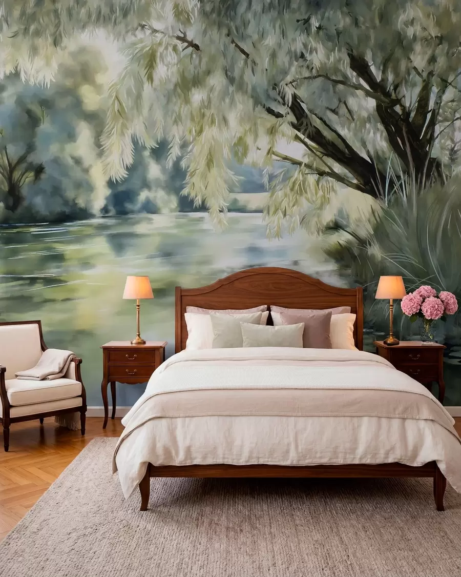 murales de pared árbol de estilo acuarela sobre el lago w04501