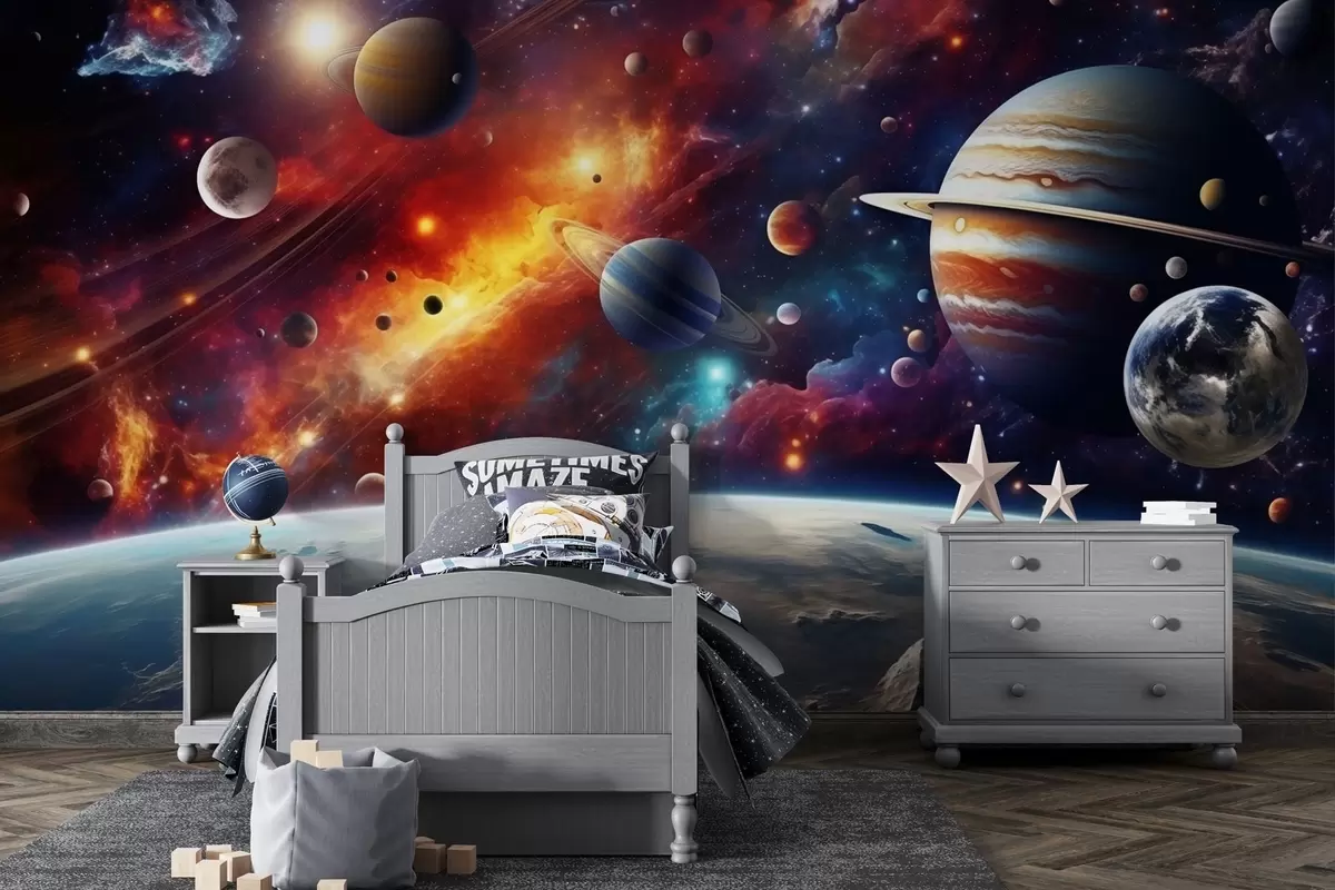 murales de pared Cosmos colorido con planetas y nebulosas w04576