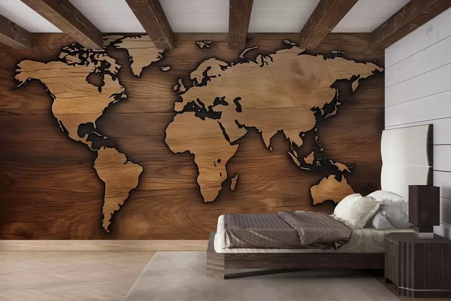 murales de pared Mapa del mundo de madera con relieve recortado w04577