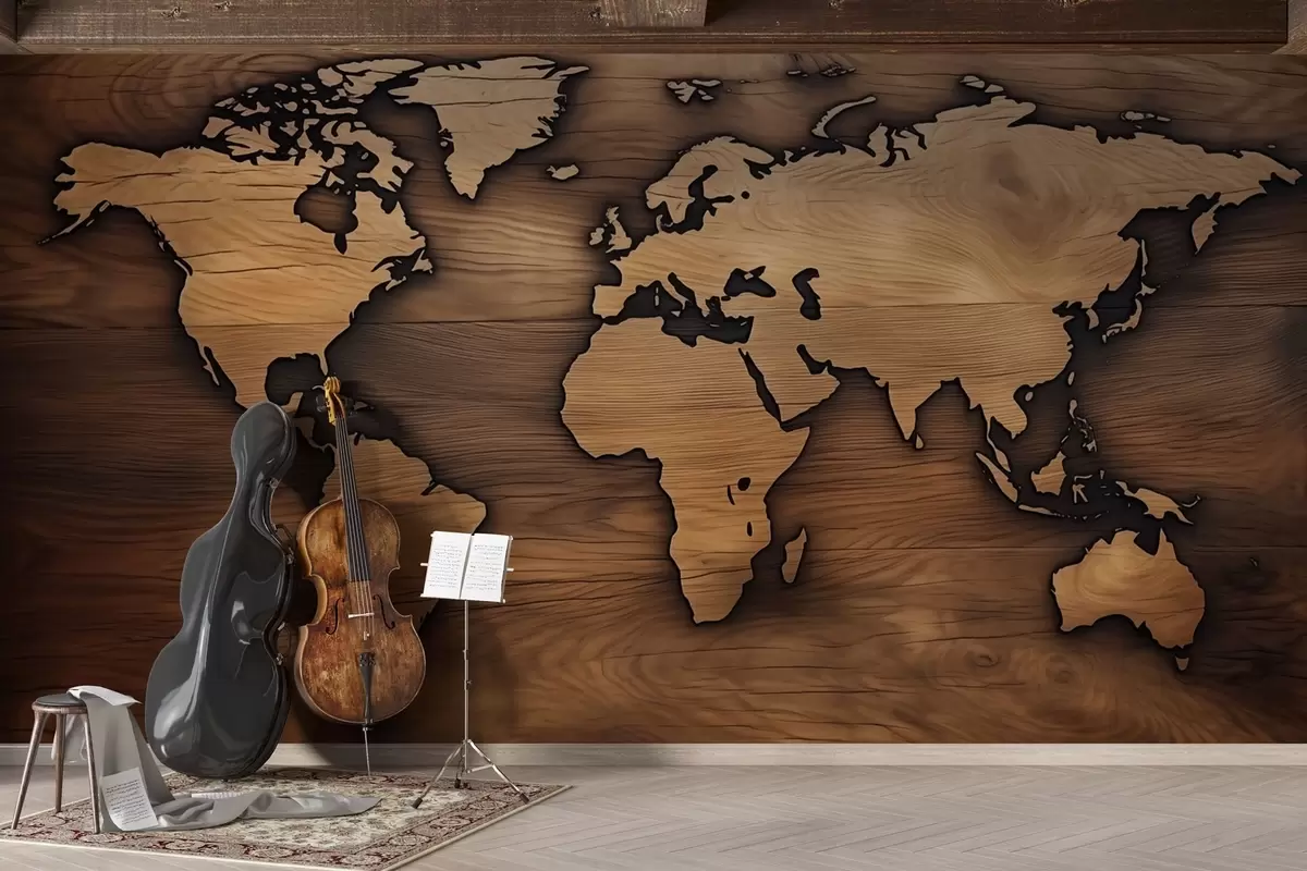 murales de pared Mapa del mundo de madera con relieve recortado w04577