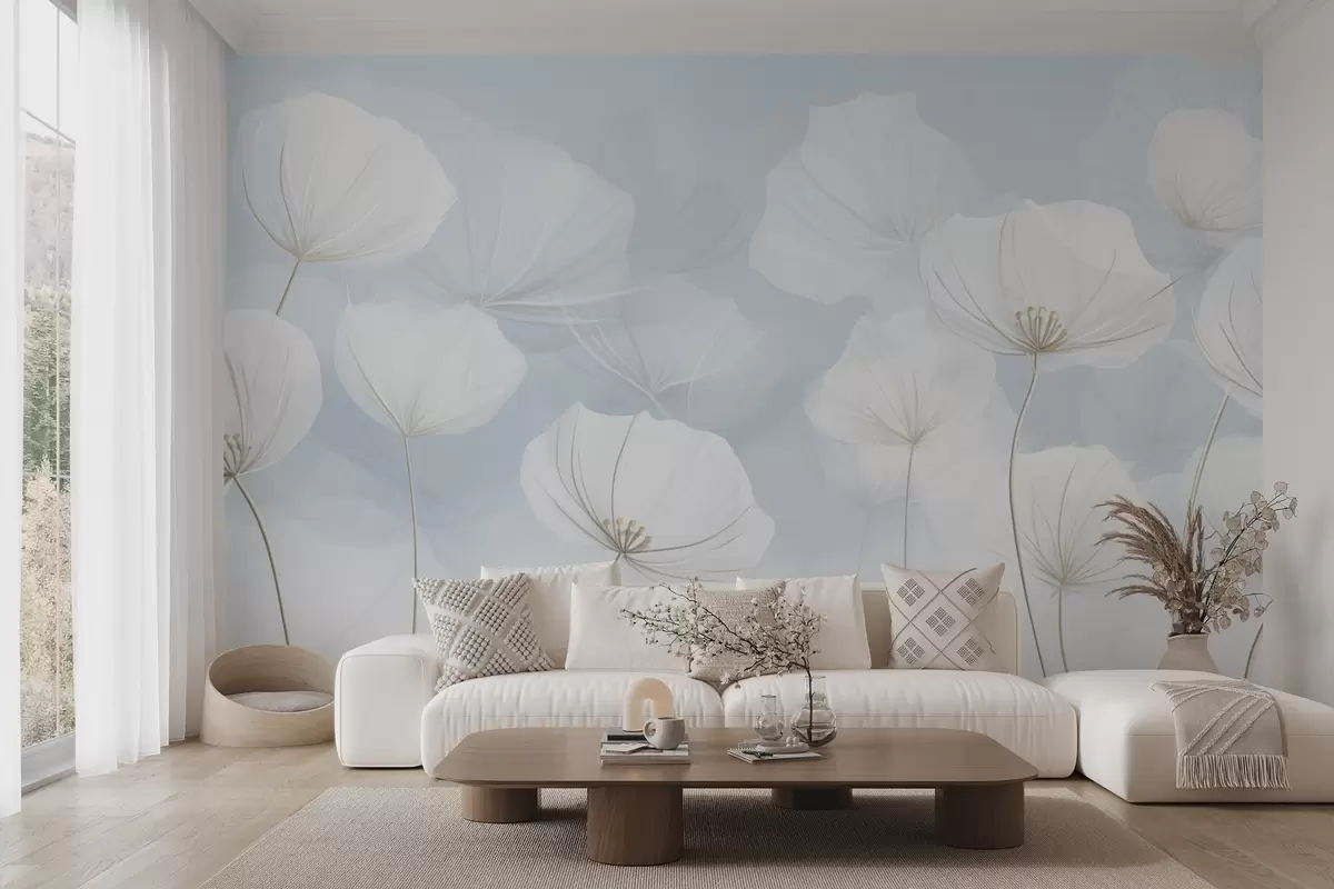 murales de pared Flores blancas y aireadas sobre fondo azul w04580