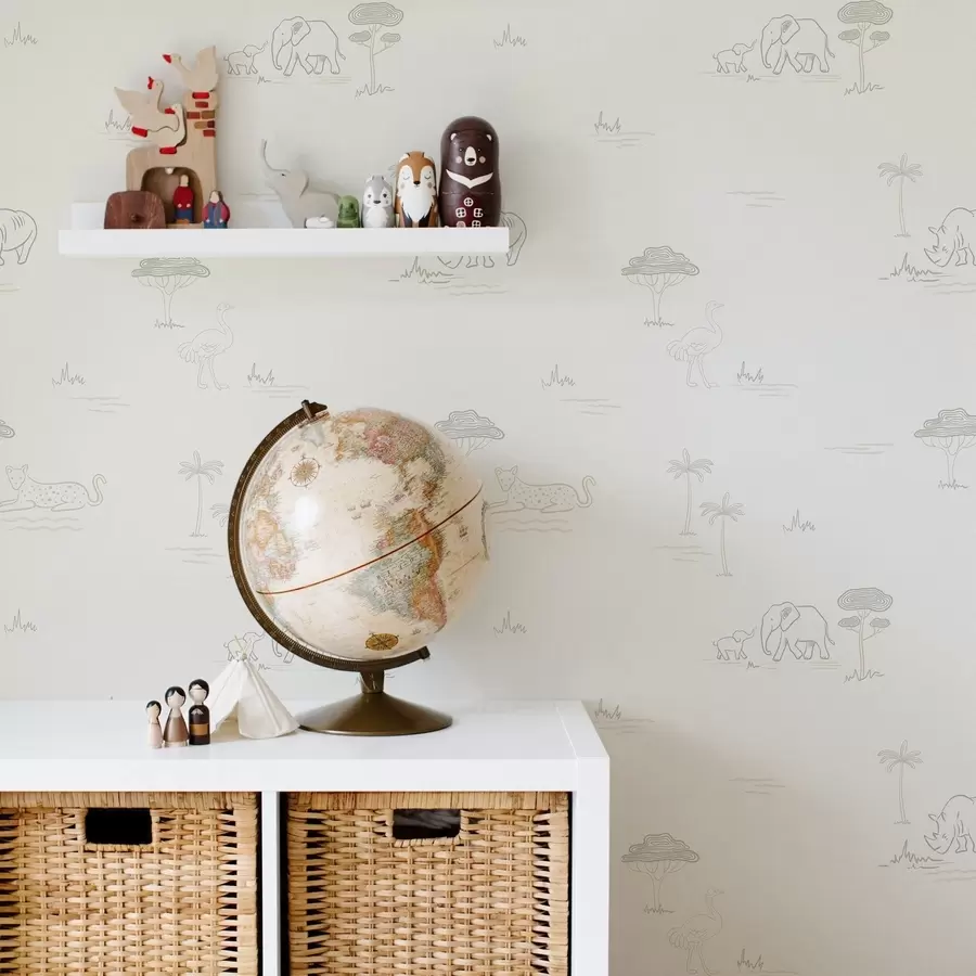 murales de pared Safari minimalista: elefantes, rinocerontes, leopardos y palmeras a00492