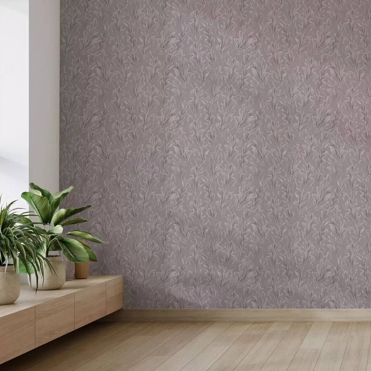 Papel pintado Ondulantes olas frondosas en una paleta de colores rosa empolvado y beige a00495