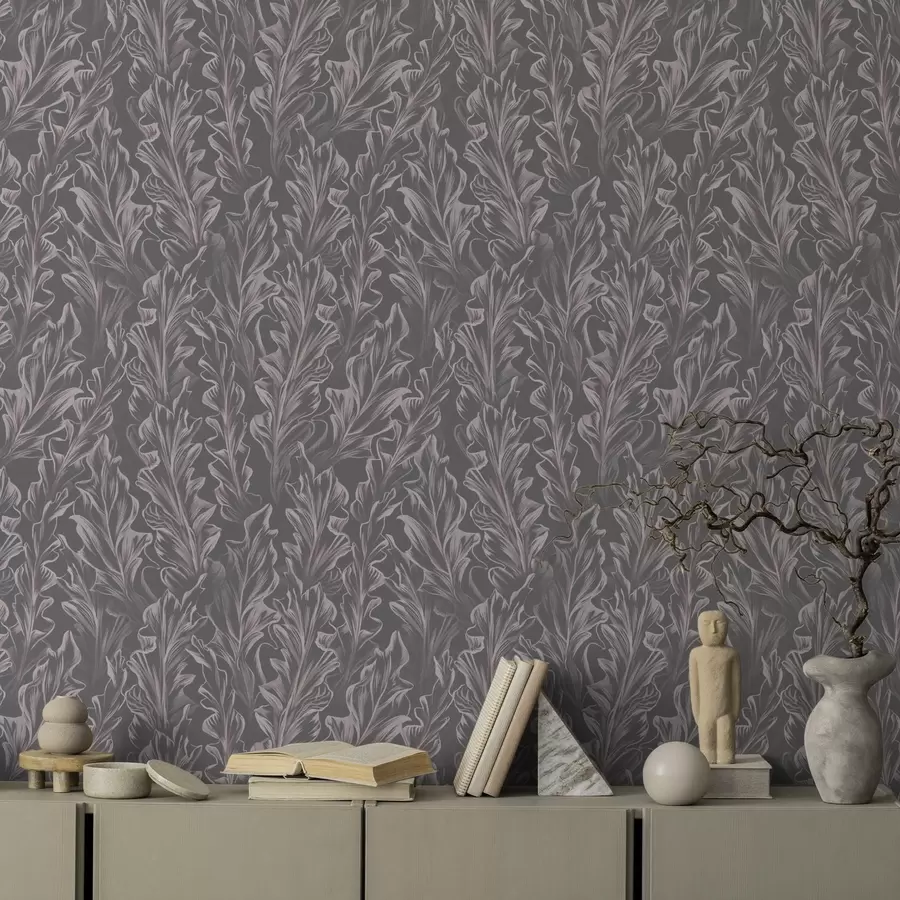 murales de pared Ondulaciones de hojas fluidas sobre fondo grafito, alto contraste a00495v1