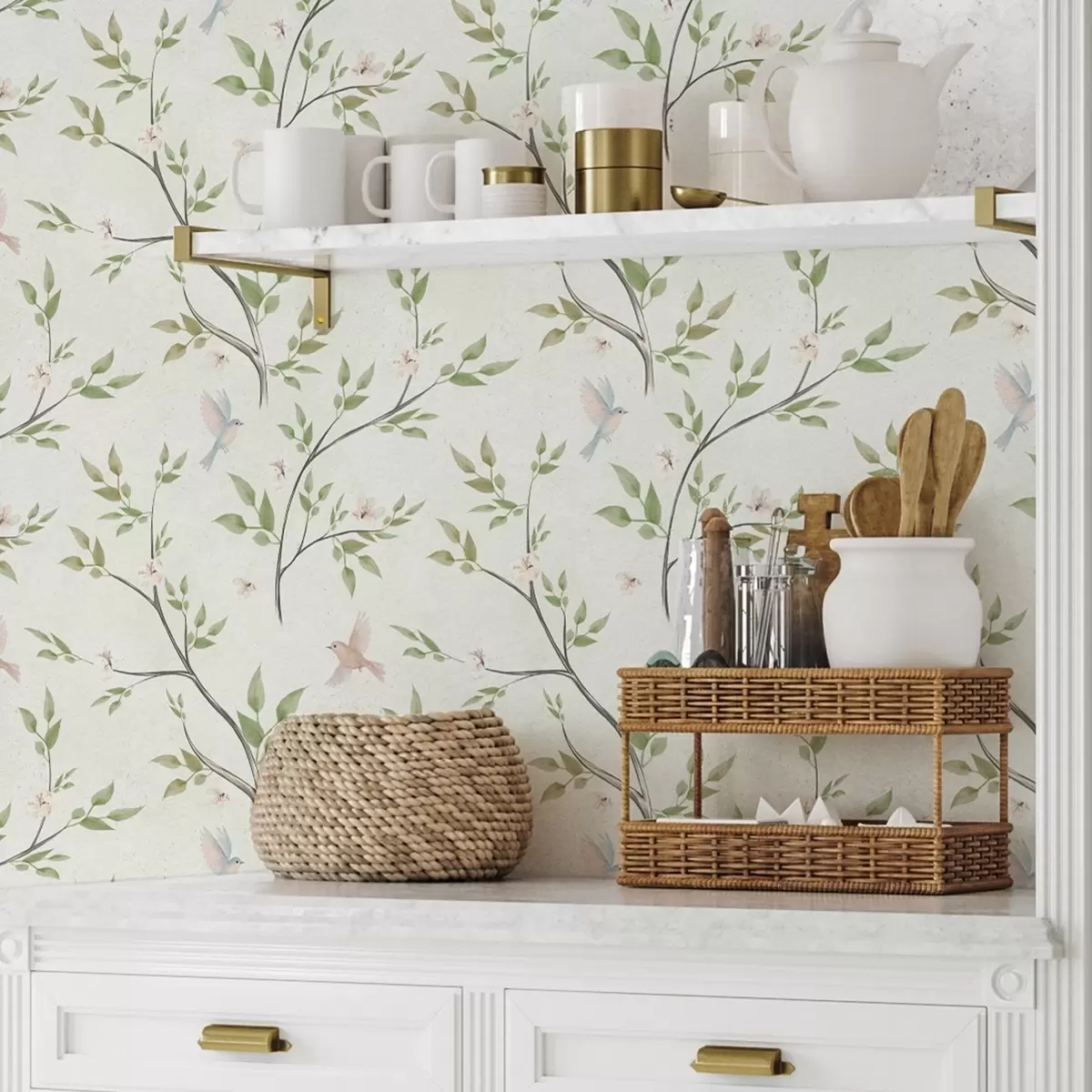Papel pintado Ramas acuareladas con hojas y pájaros sobre un fondo claro a00496