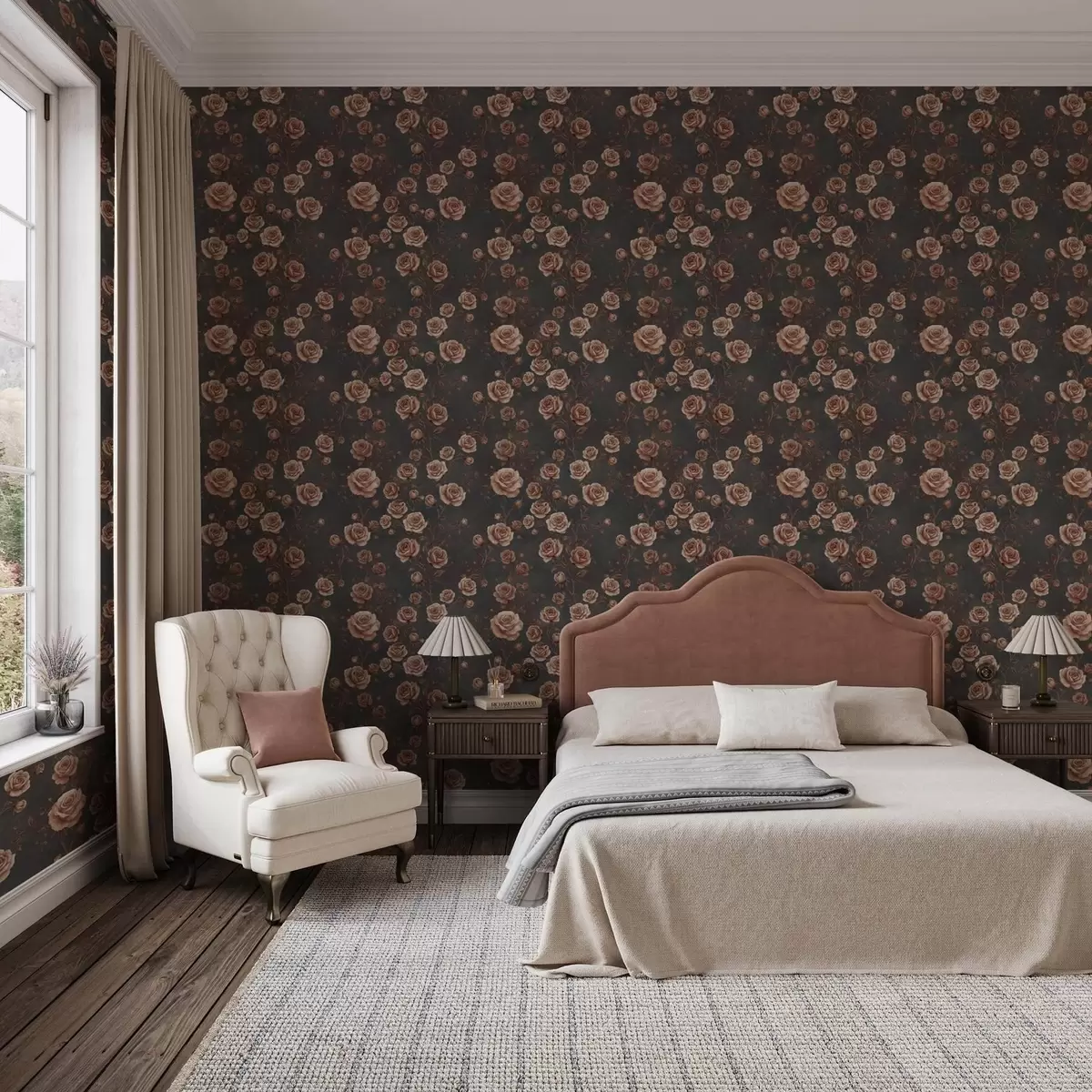 Papel pintado Rosas vintage sobre fondo grafito, paleta terracota a00497v1