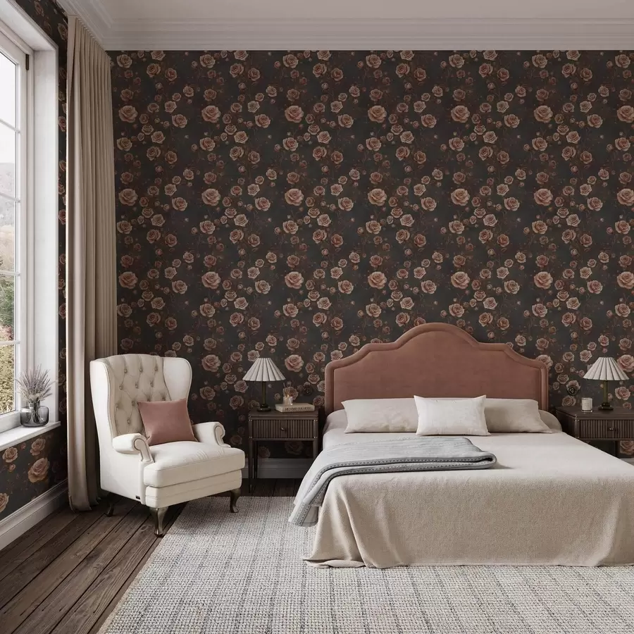 murales de pared Rosas vintage sobre fondo grafito, paleta terracota a00497v1