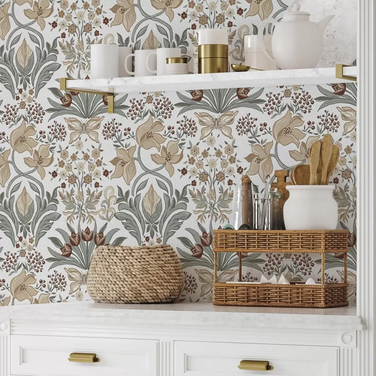 Papel pintado Lirios decorativos y una mariposa sobre fondo blanco a00500v1