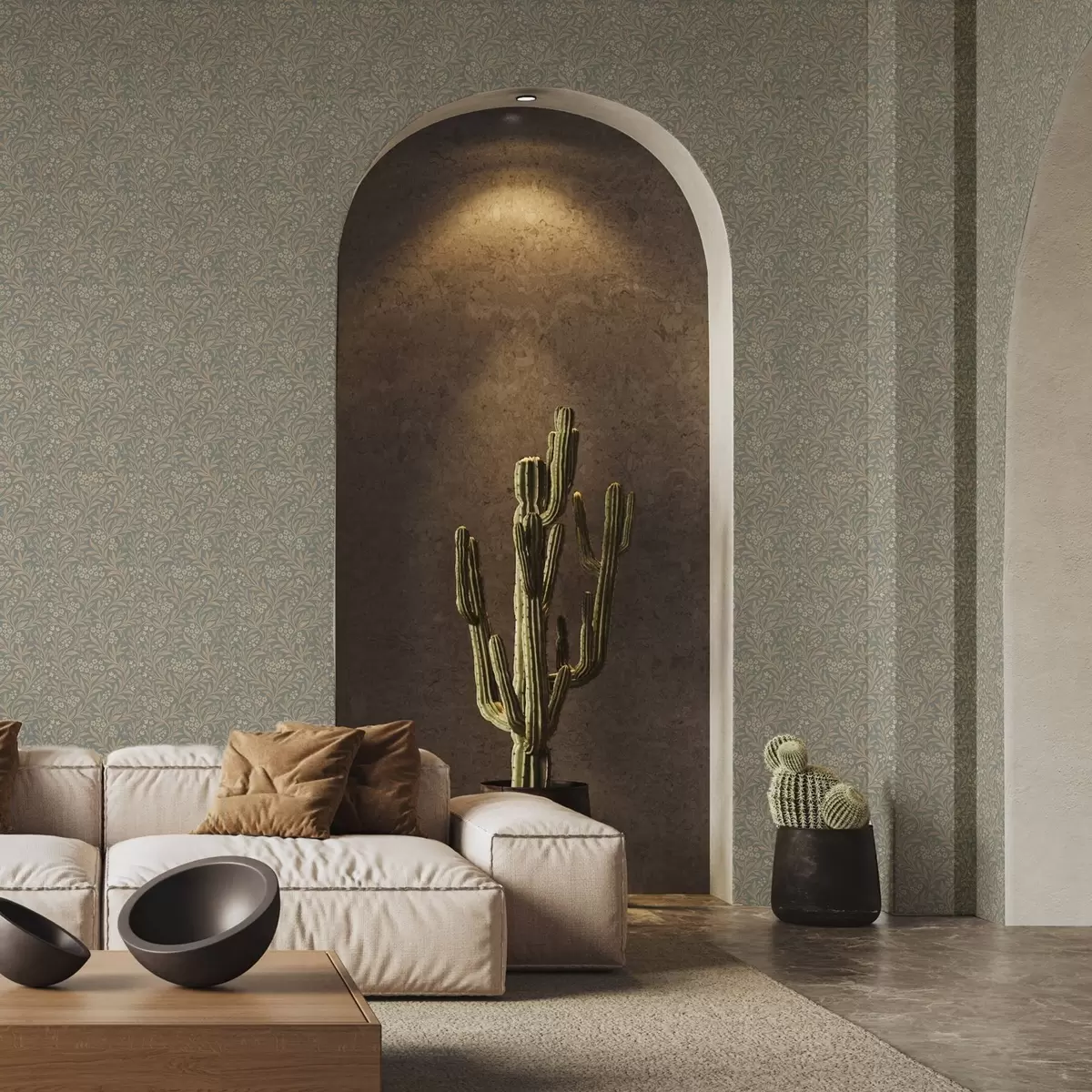 Papel pintado Estilo Morris: ramas beige sobre fondo gris verdoso a00569