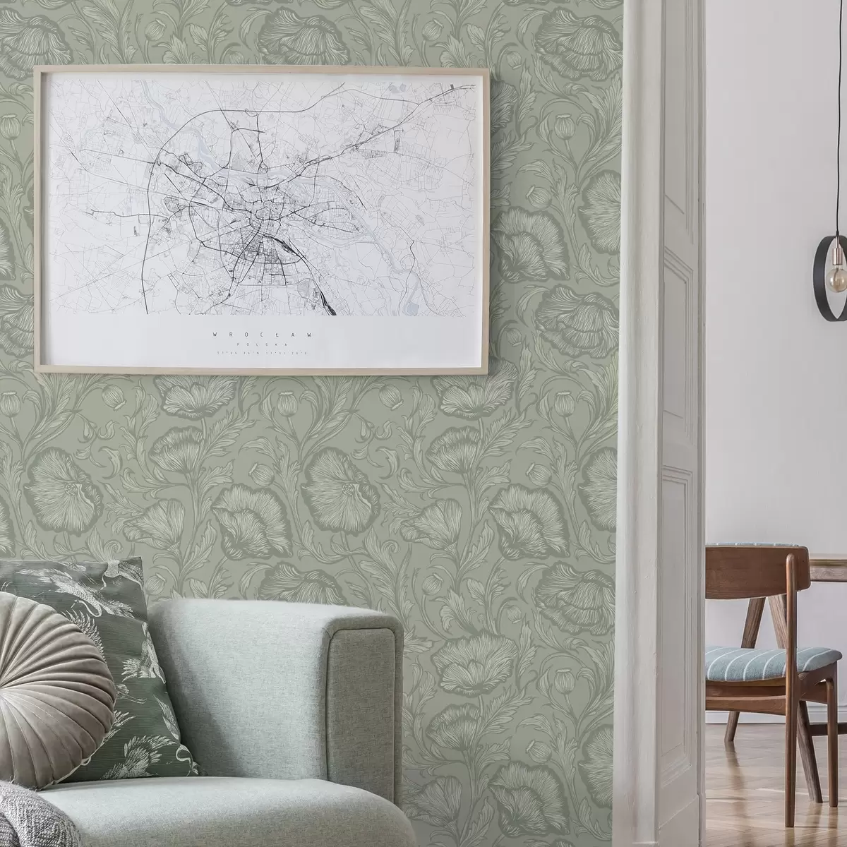 Papel pintado Amapolas en línea sobre un fondo gris verdoso a00572v1