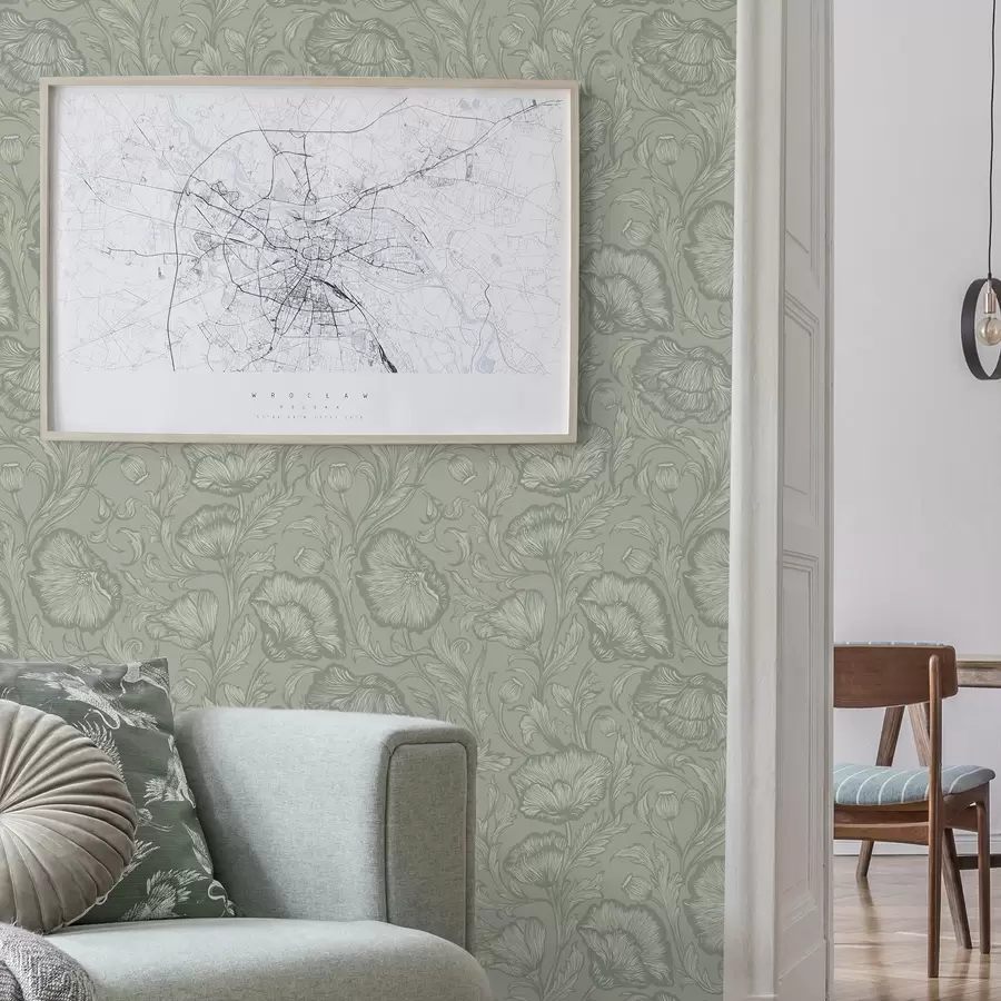 murales de pared Amapolas en línea sobre un fondo gris verdoso a00572v1