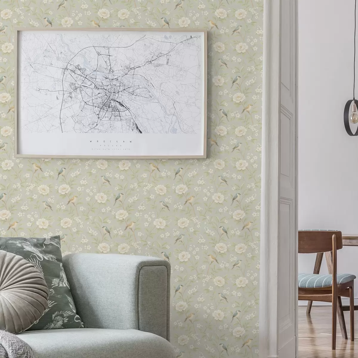 Papel pintado Pájaros entre flores blancas sobre un fondo gris verdoso a00583