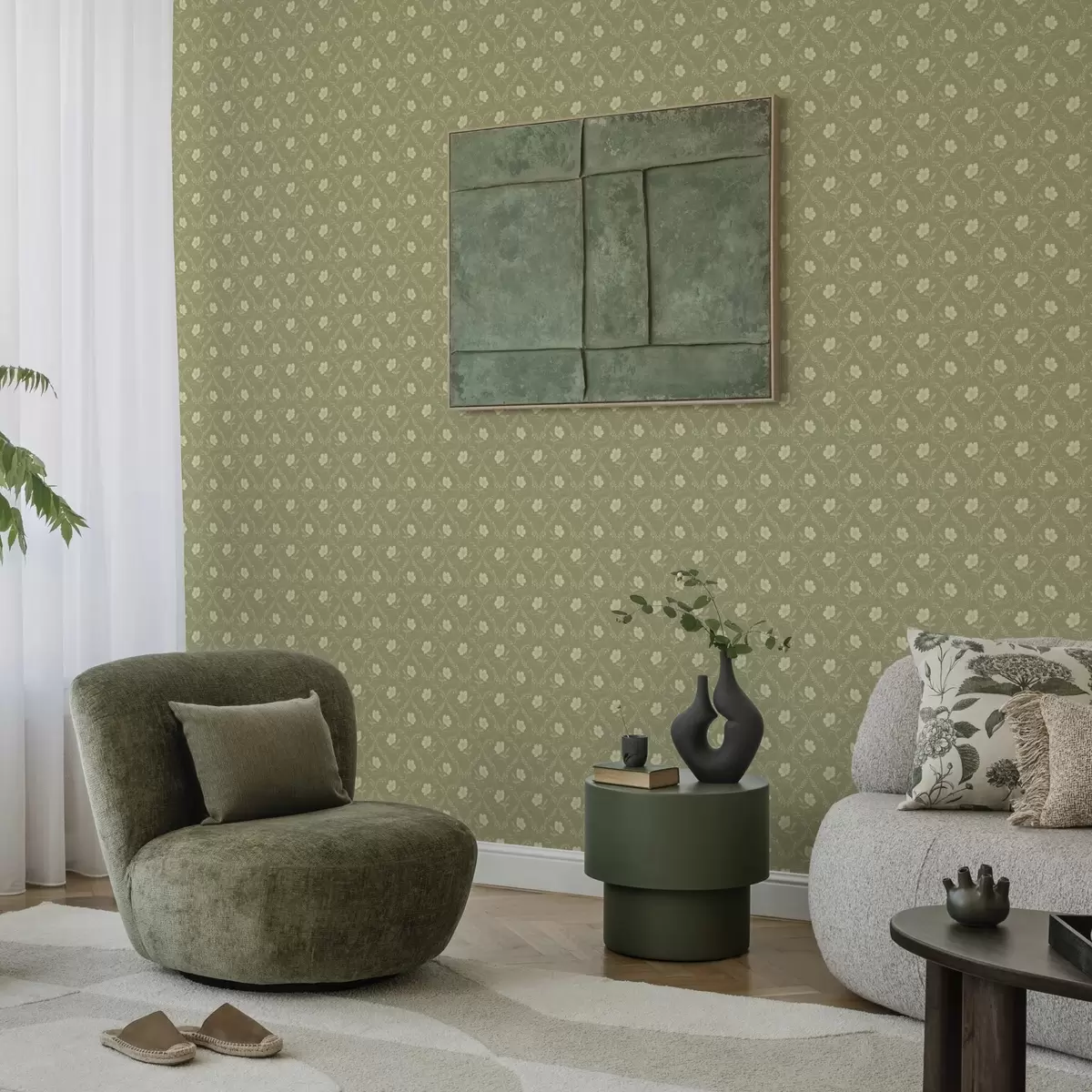 Papel pintado Enrejado de olivo con flores color crema, adorno retro a00585