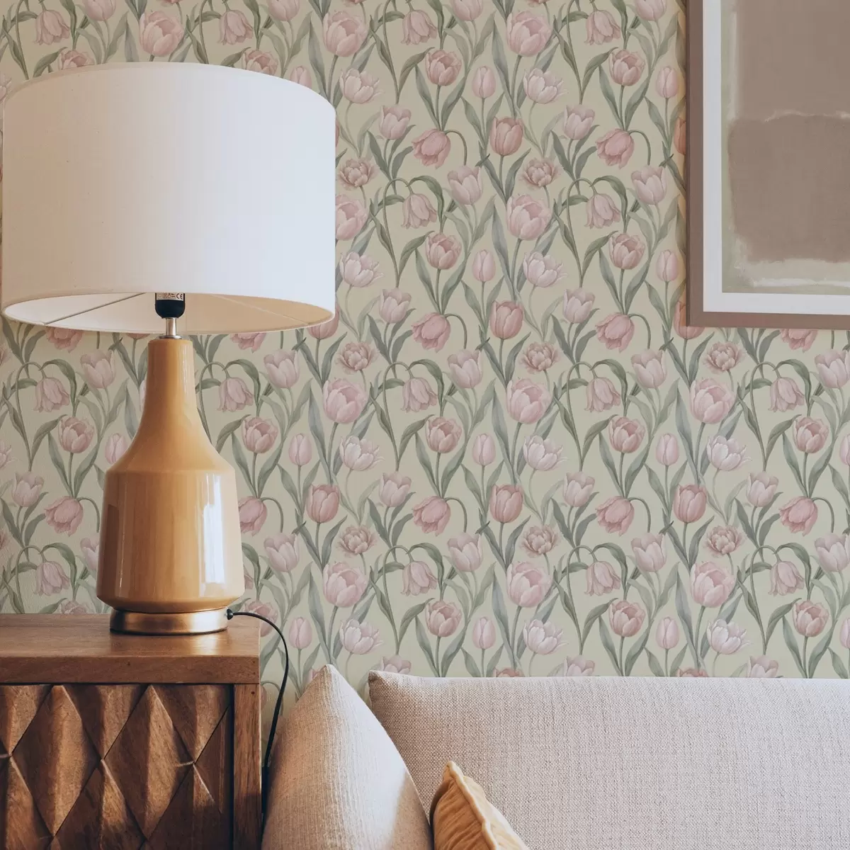 Papel pintado Tulipanes rosa pálido sobre un suave fondo beige a00589