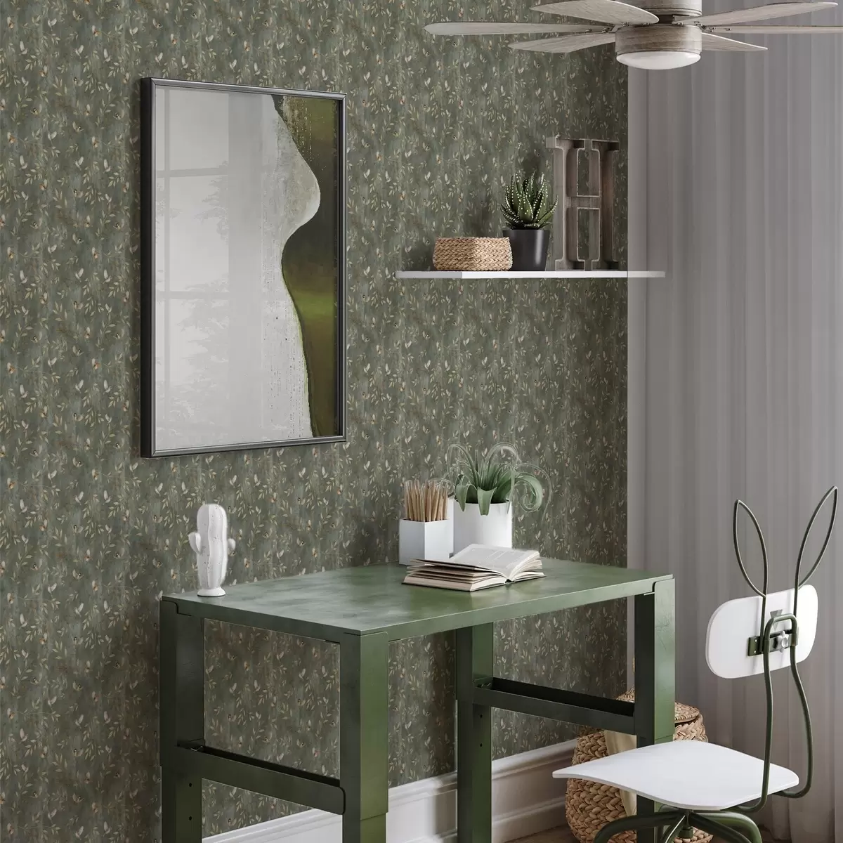 Papel pintado Pájaros entre follaje naranja sobre un fondo verde intenso a00591