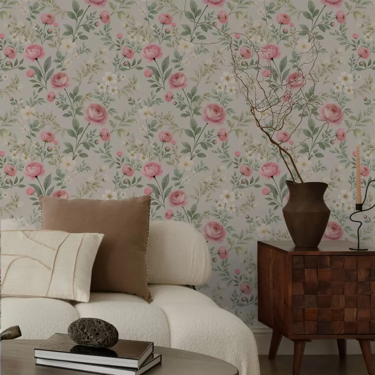 Papel pintado Peonías y flores blancas en acuarela sobre fondo gris-beige a00592