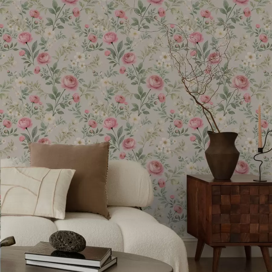 murales de pared Peonías y flores blancas en acuarela sobre fondo gris-beige a00592