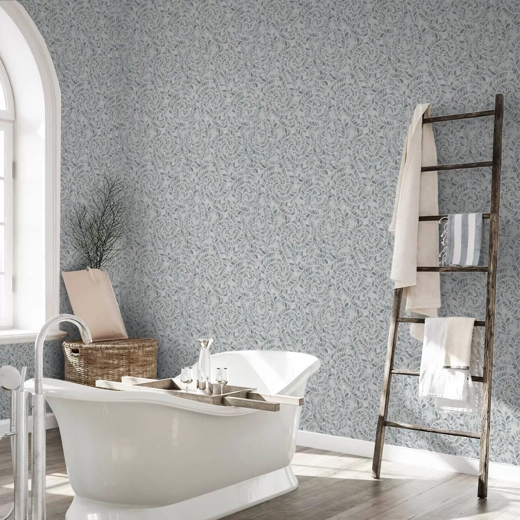 murales de pared Hojas en espiral en una paleta de colores azul, gris y verde a00602